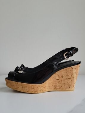 Stuart Weitzman Black Patent Cork Wedge Slingback Peep-Toe Heels